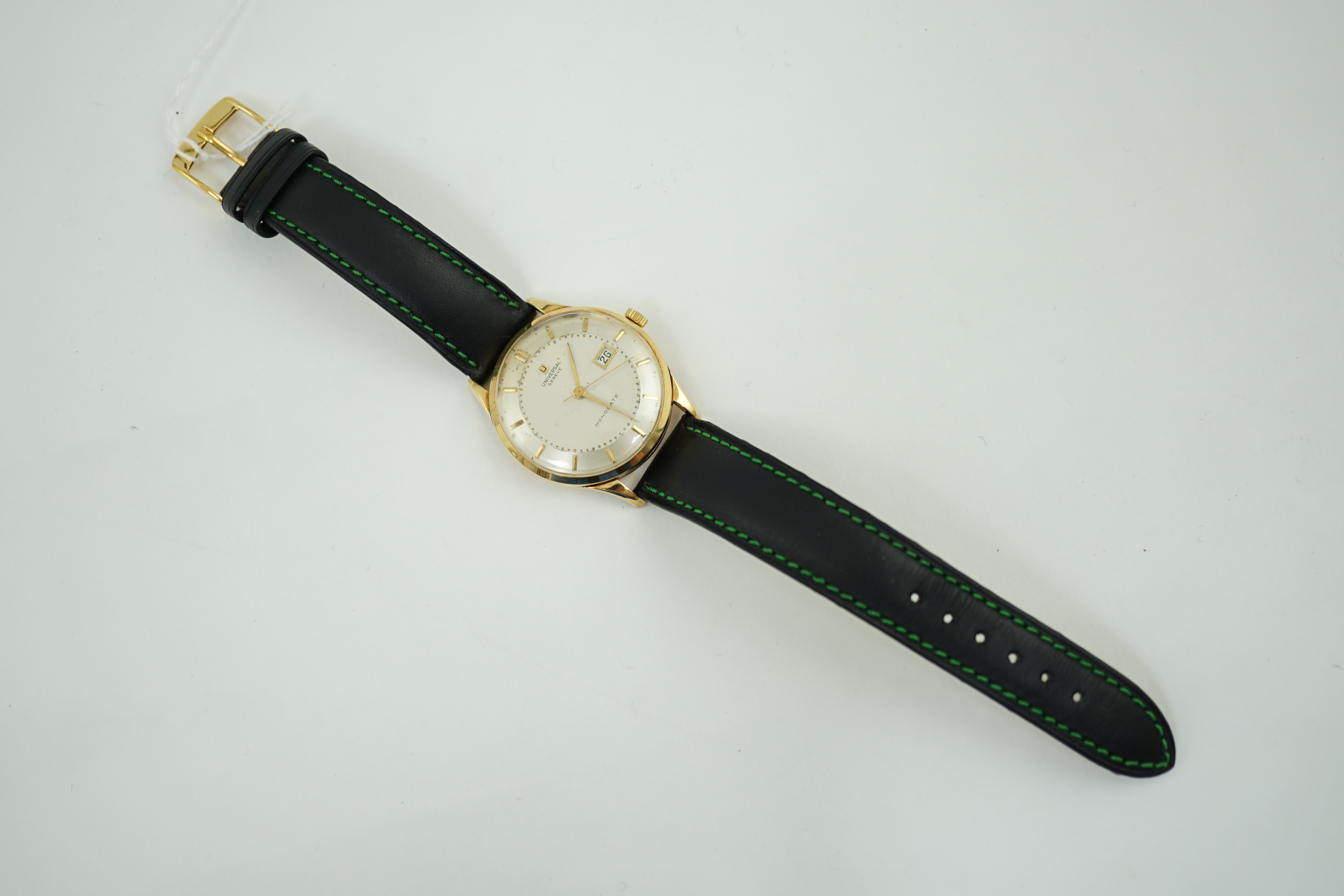 A gentleman's 1950's 18k gold Universal Monodate manual wind wrist watch